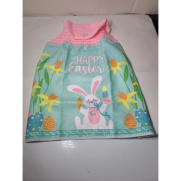 NEW  Handmade Crochet Bunny Happy Easter Kitchen Oven Door Hanging Hand Towel - Picture 5 of 5